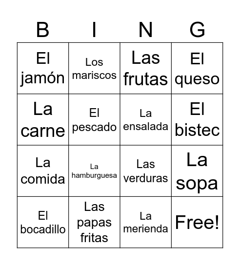 La Loteria:  La comida (ENG-->SPA) Bingo Card