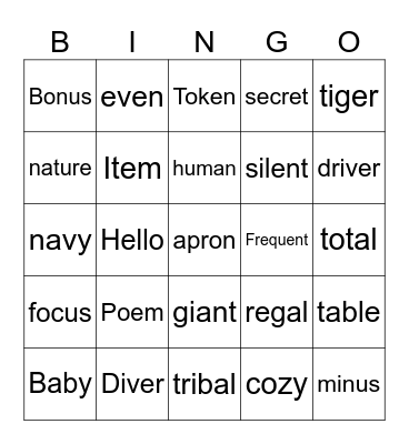 Open Vowels Bingo Card
