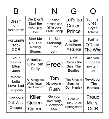 Classic Rock Bingo Card