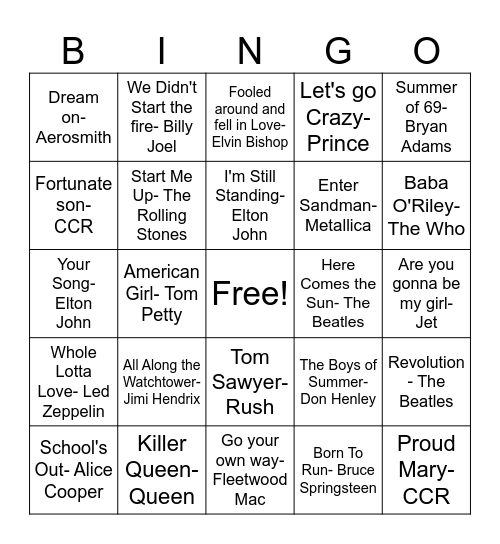 Classic Rock Bingo Card