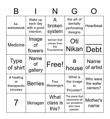 Birch Bark Biting Exibit Bingo Card