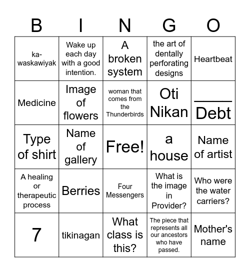 Birch Bark Biting Exibit Bingo Card