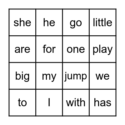 Sight Words Bingo Card