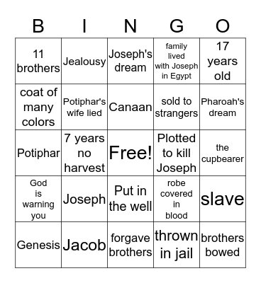 Joseph and the coat of many colors Bingo Card