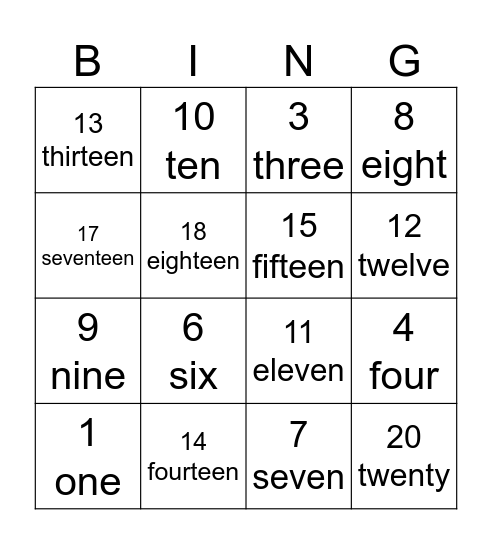 Bingo 1-20 Bingo Card