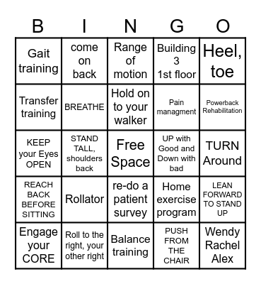 Physical Therapy BINGO Card