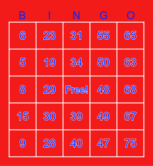 Number Bingo 1-75 Bingo Card