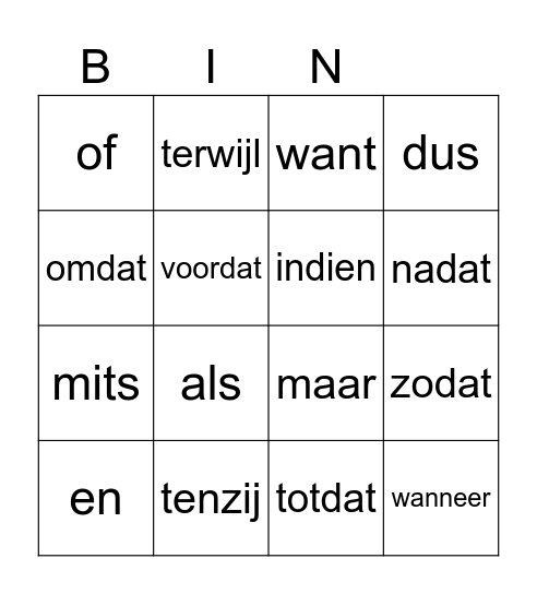 Voegwoorden Bingo Card