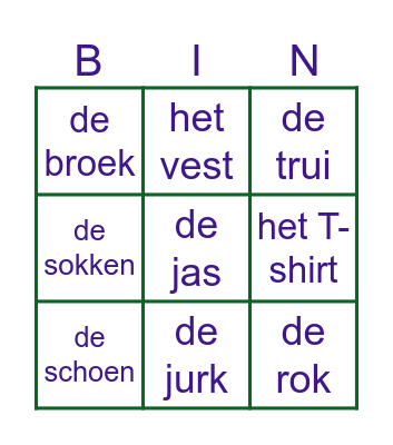 kleding bingo Card