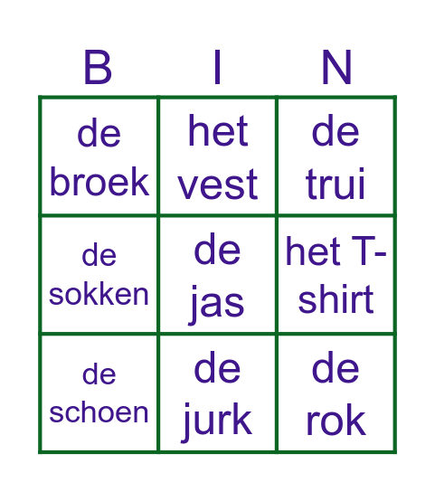 kleding bingo Card