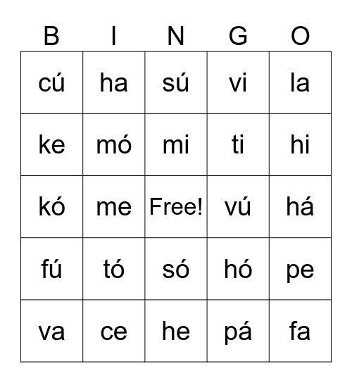 Szótag Bingó Bingo Card
