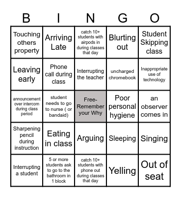 Disruption Bingo Card