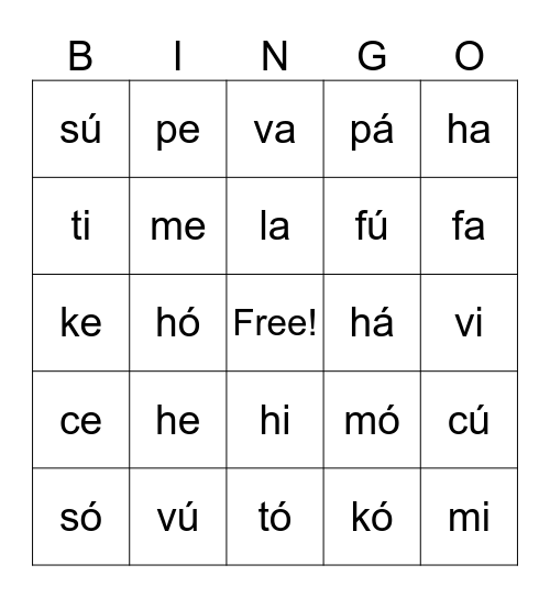 Szótag Bingó Bingo Card