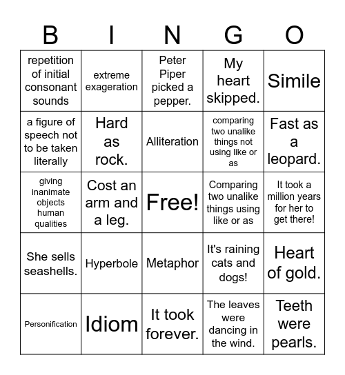 Figurative language Bingo Card