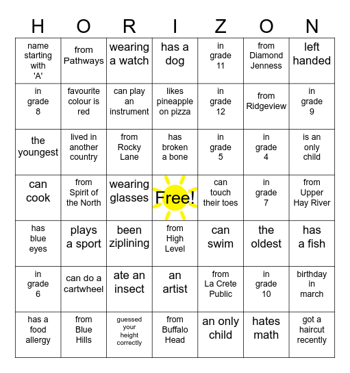 Horizons Bingo (2) Bingo Card