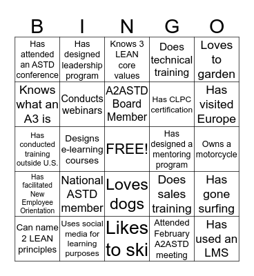 A2ASTD Icebreaker Bingo Card