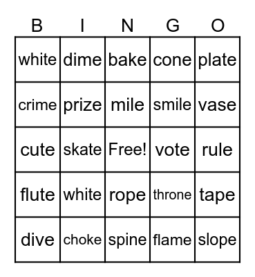 Silent e Bingo Card