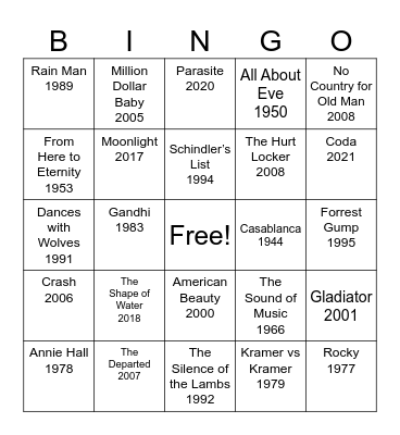 BEST PICTURES OF ALL TIME Bingo Card