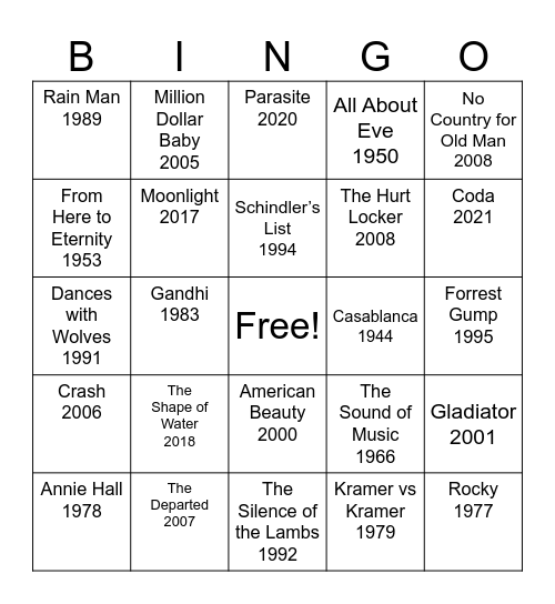 BEST PICTURES OF ALL TIME Bingo Card