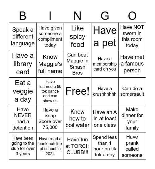 If You... Torch Club Bingo Card