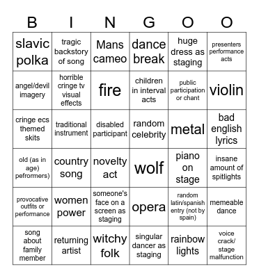 EUROVISION BINGO Card