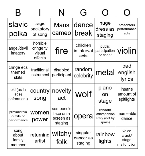 EUROVISION BINGO Card