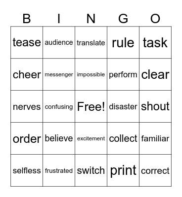 Vocabulary Bingo Card