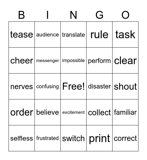 Vocabulary Bingo Card