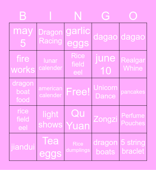 Dragon Boat festival Bingo Card