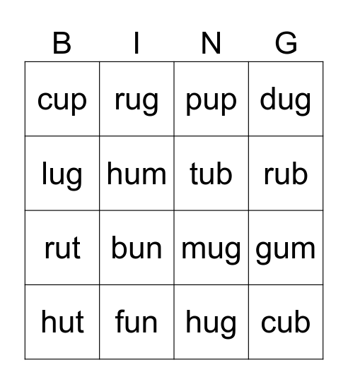 Short u words Bingo Card