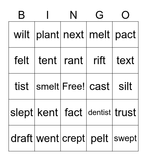 Ending T- Blends Bingo Card