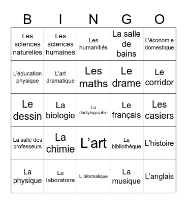 8.0 - Les Matières et les endroits de l'école Bingo Card