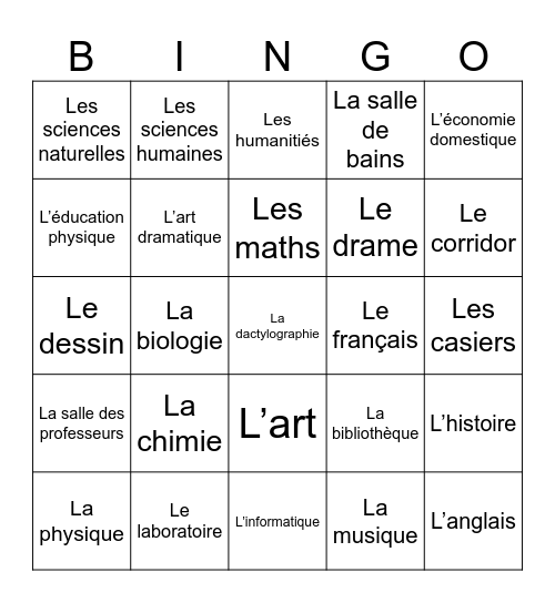 8.0 - Les Matières et les endroits de l'école Bingo Card