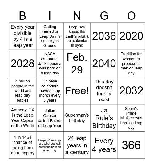 Leap Day 2024~~ Bingo Card