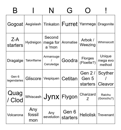 Pokémon Z-A megas Bingo Card