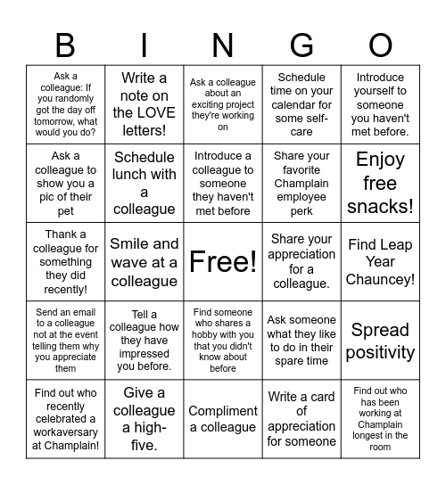 Staff Share the Love Bingo! Bingo Card