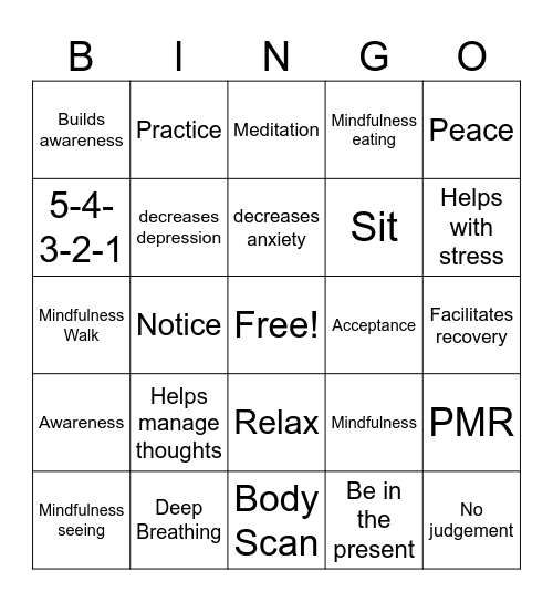 Mindfulness Bingo Card