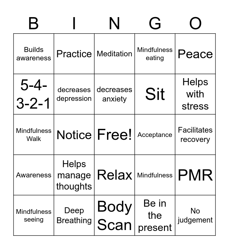 Mindfulness Bingo Card