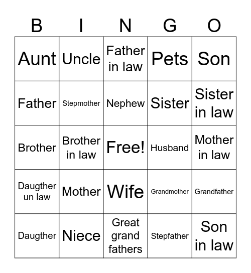 Family Members Bingo Card