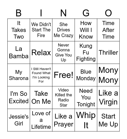 Another 80's Mix Bingo Card