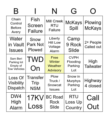 Hydro Winter Bingo Card