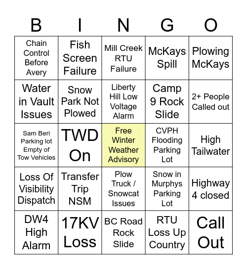 Hydro Winter Bingo Card