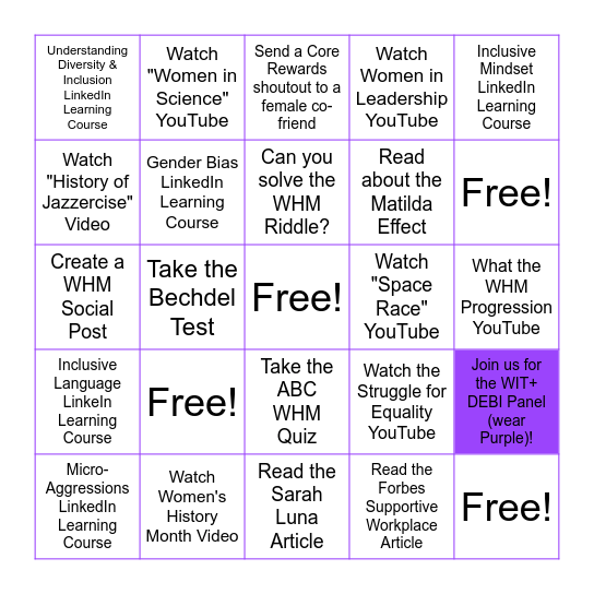 WIT+ Women's History Month Challenge Bingo Card
