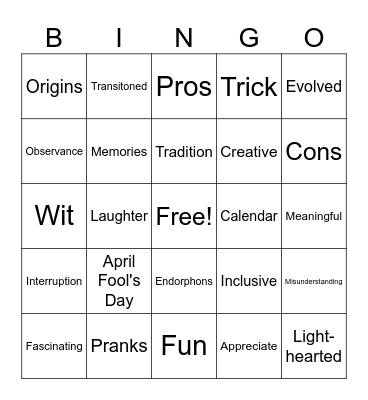 April Fool's Vocabulary Bingo Card