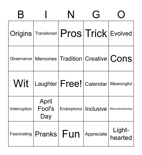 April Fool's Vocabulary Bingo Card