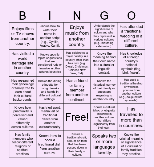 Exploring Culture Bingo Card