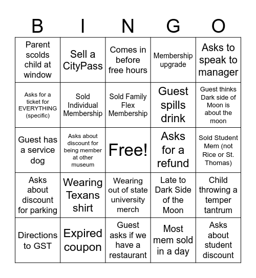 HMNS Box Office Bingo Card