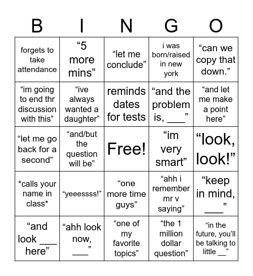 Mr Velazques Bingo Card