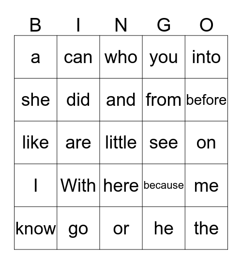 Site Word Bingo!  Bingo Card
