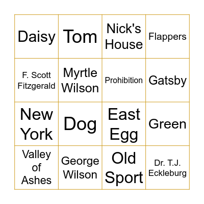 Great Gatsby Bingo Card